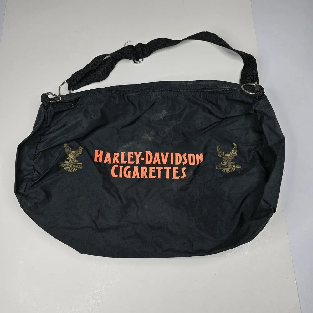 Vintage 90s Harley Davidson Cigarettes Duffel Bag Packable Black Nylon Travel